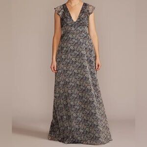 David’s Bride Plunging Printed Chiffon Ruffles Floral V-Neck Maxi Dress Size 18